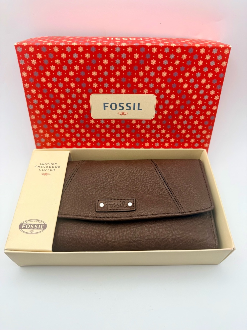 Fossil Glove Leather Flip Checkbook Clutch in Espresso brown NIB